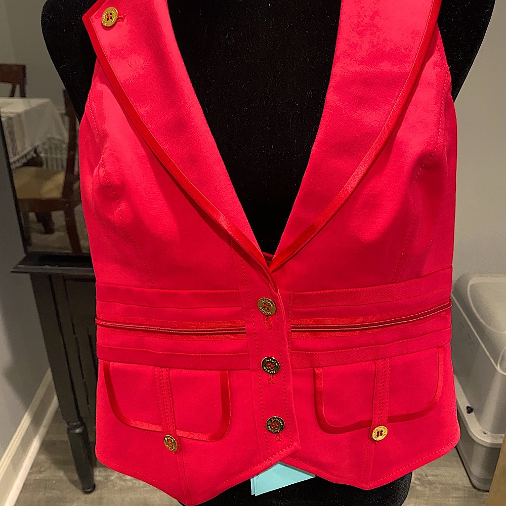 Marciano halter vest top. Tango Red with gold accents. Size 2